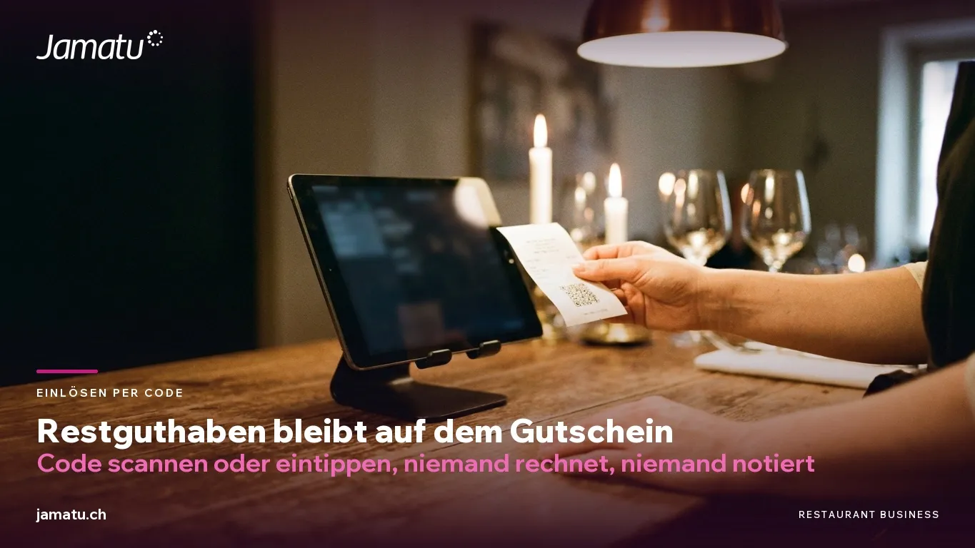 Gutscheine im Restaurant einlösen: QR-Code auf dem Beleg wird an der Kasse gescannt, Restguthaben bleibt auf dem Gutschein