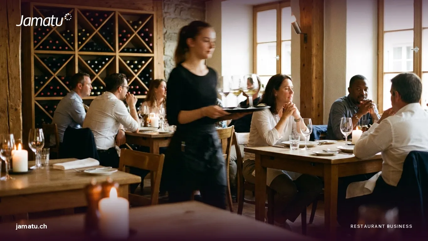 Reservationssysteme im Restaurant: Kellnerin serviert an einem reservierten Tisch im Gastraum