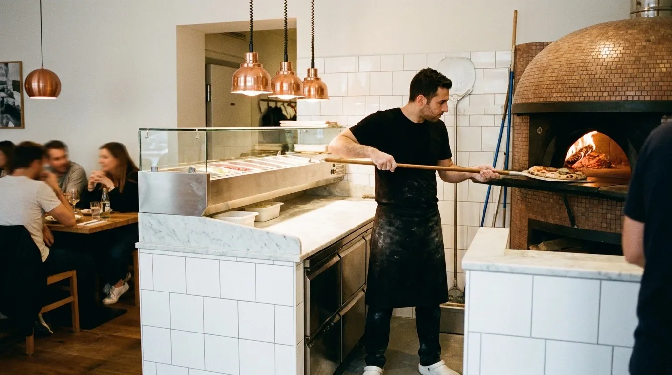 Pizzaiolo zieht eine Pizza Napoletana aus dem Steinofen an der Pizzastation einer Pizzeria in Zürich