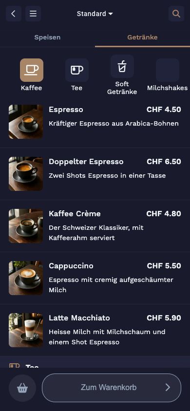 JamOrder auf dem Handy: Getränkekarte mit Kaffee, darunter Espresso, Kaffee Crème, Cappuccino und Latte Macchiato mit Preisen und Bildern