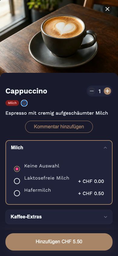 JamOrder: Cappuccino mit Allergen-Hinweis Milch und Auswahl zwischen laktosefreier Milch und Hafermilch