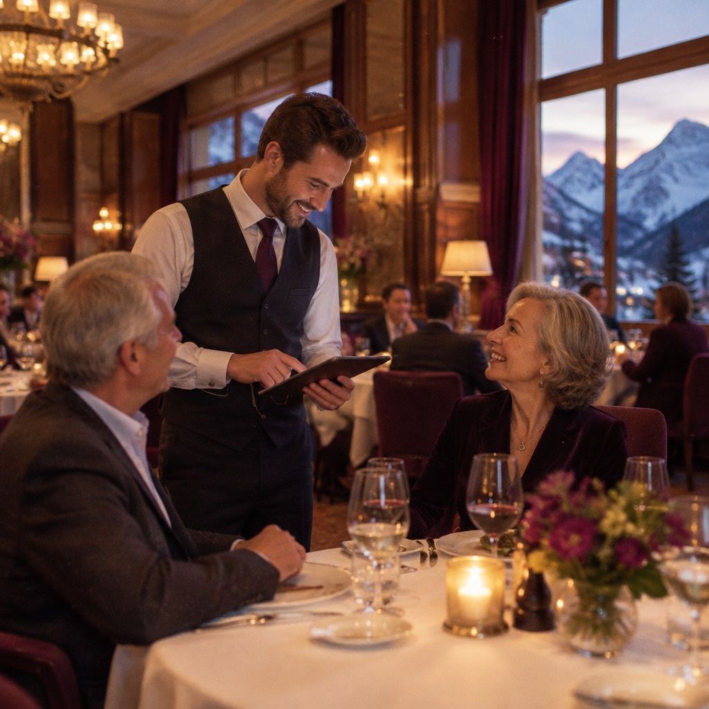 Kellner im Hotelrestaurant nimmt mit dem Tablet die Bestellung eines Paars auf, im Fenster verschneite Berge