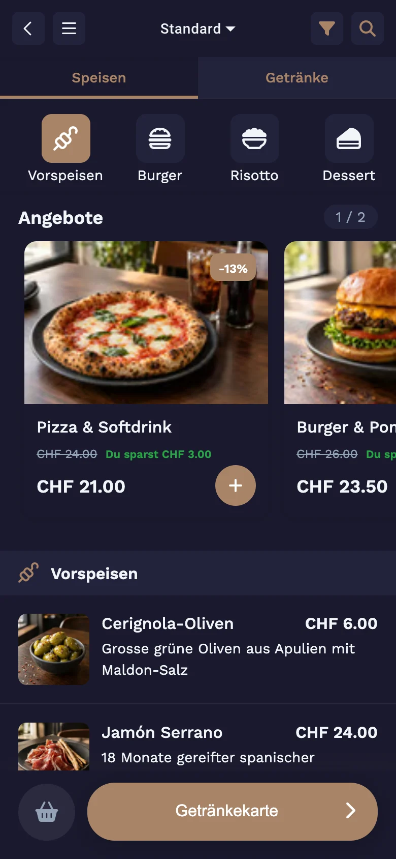 JamOrder auf dem Handy: Angebote wie Pizza und Softdrink mit Rabatt, darunter die Vorspeisen