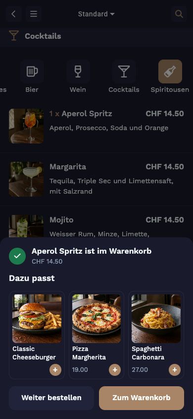 JamOrder: Aperol Spritz ist im Warenkorb, darunter Vorschläge unter «Dazu passt»