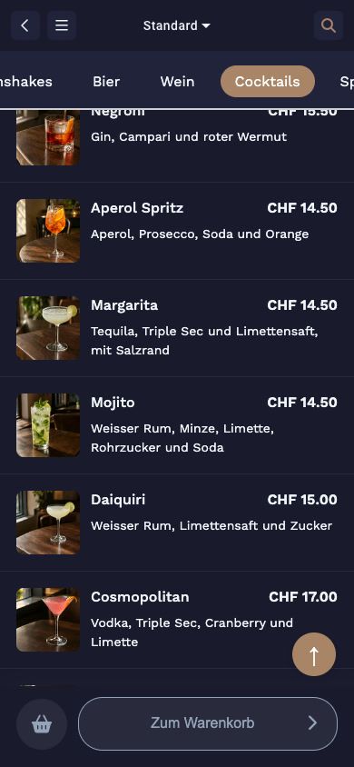 JamOrder: Getränkekarte mit Cocktails, Preisen und Bildern