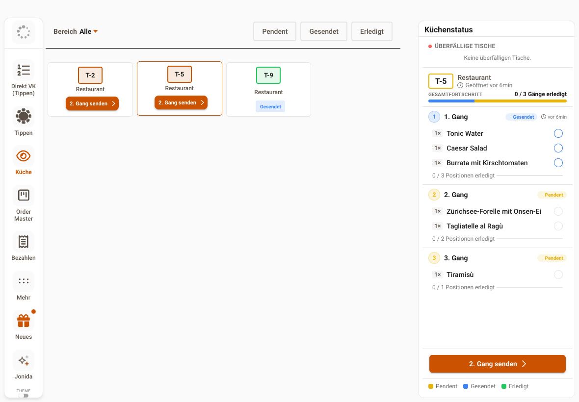 Küchenstatus in JamWaiter mit Gängen und Knopf «Gang senden»