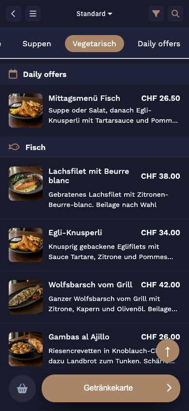 JamOrder: Speisekarte mit Daily offers wie Mittagsmenü Fisch für CHF 26.50, darunter Fischgerichte mit Bildern
