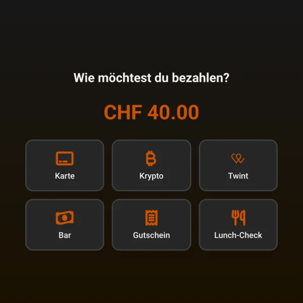 Kundendisplay mit Karte, Krypto, TWINT, Bar, Gutschein und Lunch-Check