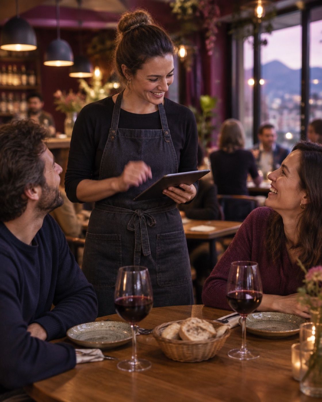 Servicekraft nimmt am Tisch eine Bestellung auf