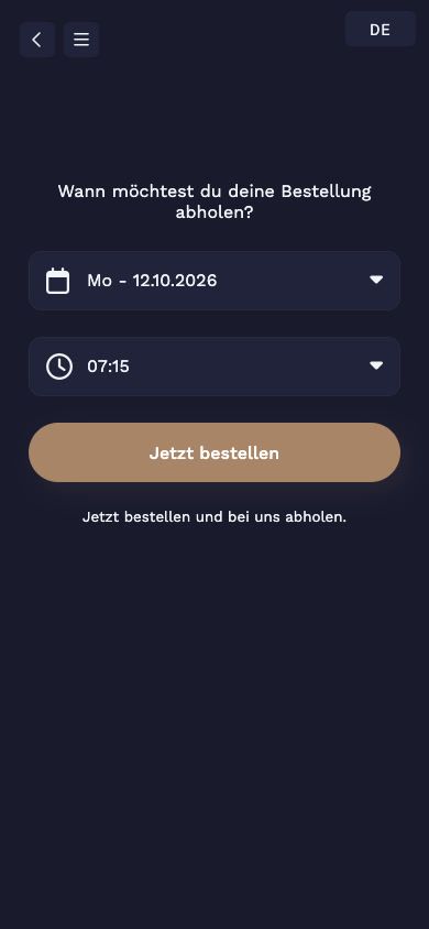 JamOrder fragt, wann die Bestellung abgeholt wird, mit Tag und Uhrzeit