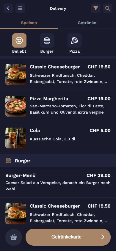 Karte für die Lieferung in JamOrder mit Burger, Pizza und Getränken