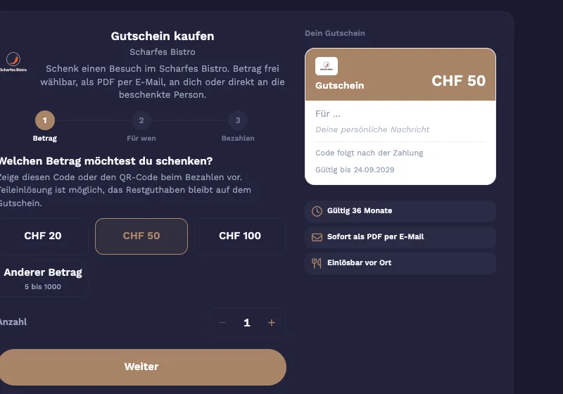 Gutschein-Widget: Betrag wählen, Vorschau des Gutscheins