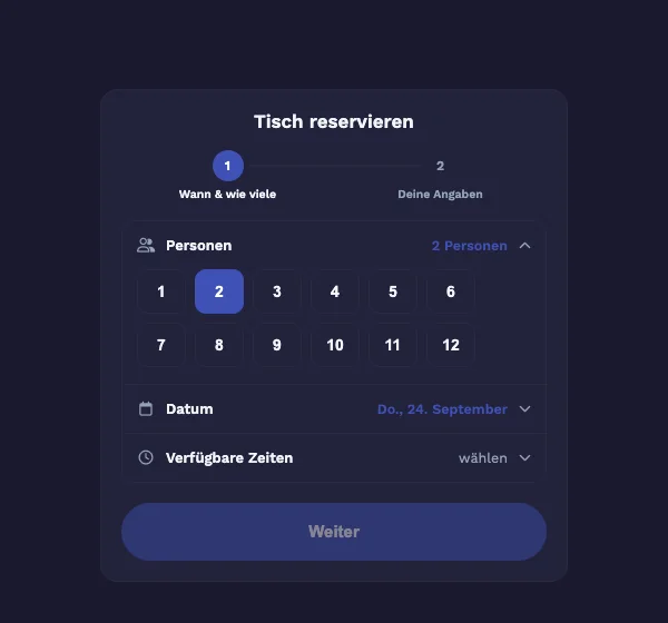 Reservations-Widget: Anzahl Personen, Datum und verfügbare Zeiten wählen